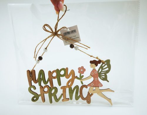 Fa tavaszi dekor "Happy Spring" felirat akasztható dísz