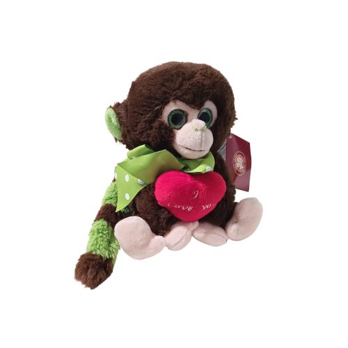 Plüss figura csillogó szemű majom, szívvel