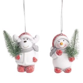   Karácsonyi polyresin akaszható hóember/rénszarvas fenyővel 9cm