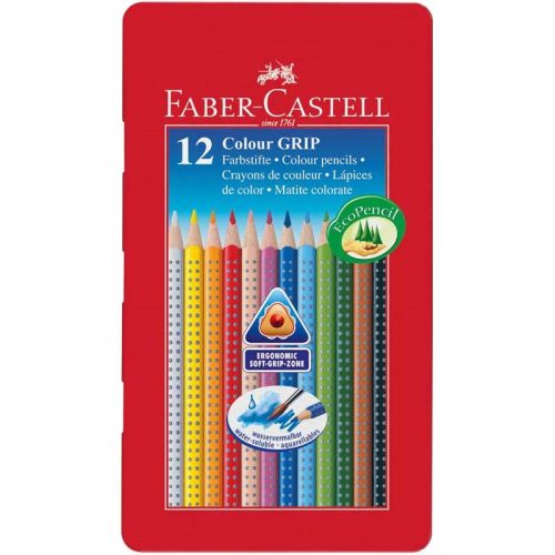 Színes ceruza FABER-CASTELL Grip háromszögletű fémdobozos 12 darabos