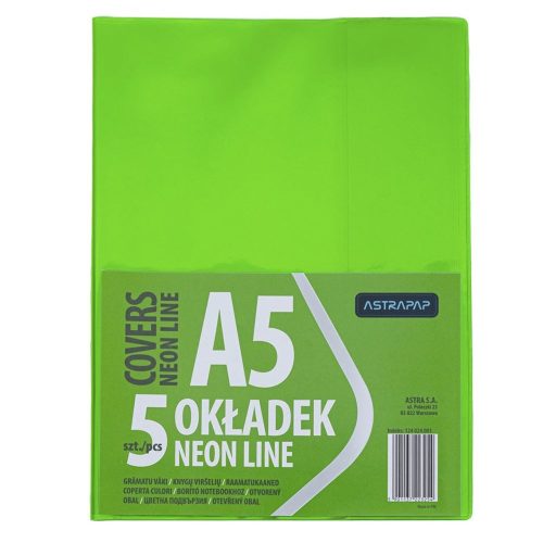 Füzetborító ASTRA PAP A/5 bújtatós pvc neon élénk színek 5 db/csomag
